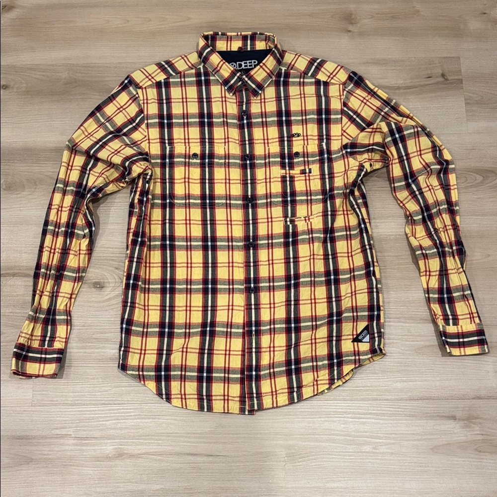 Men’s Large 10.Deep Yellow and Black Plaid Casual Button Up Shirt